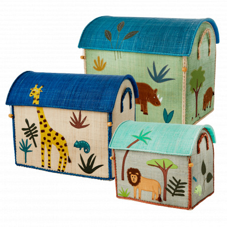 Rice - Large Set of 3 Toy Baskets - Blue  Jungle Theme