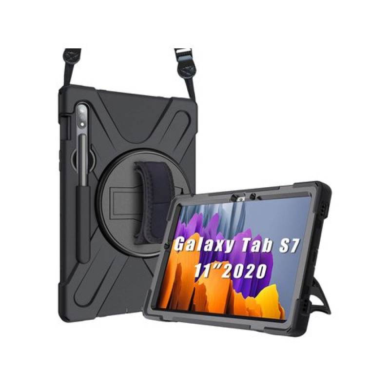 DLH COQUE RENFORCEE AVEC BANDOULIERE, POIGNEE ROTATIVE ET PIED SUPPORT POUR SAMSUNG GALAXY TAB S7 (SM-T870 / SM-T875 / S