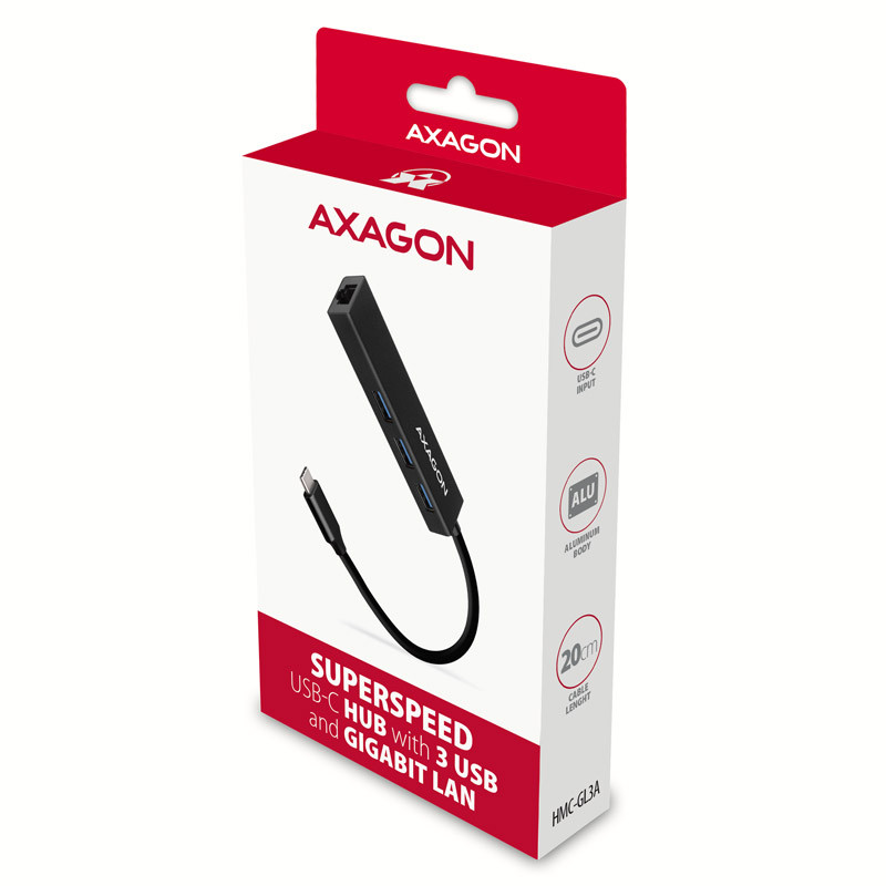 AXAGON compatible HMC-GL3A USB-C-Hub, 3x USB-A, Gbit-LAN, schwarz