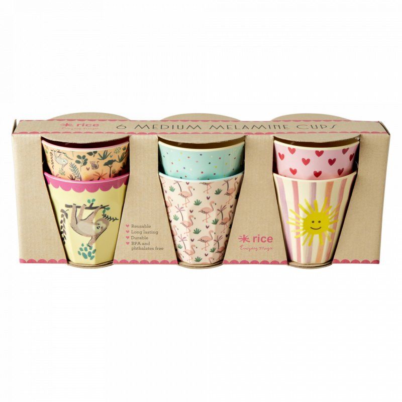 STOCK3 - Rice - Medium Melamine Cups 6 Pcs - Funky Print Multi