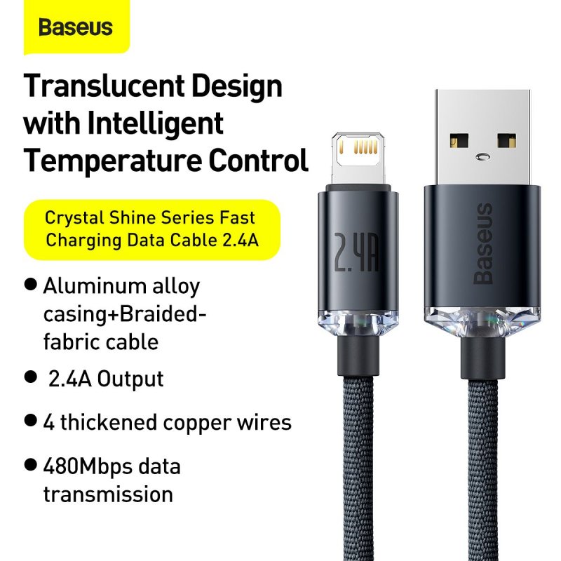 Baseus Lightning Crystal Shine Cable Series Fast Charging Data Cable 2.4A 2m Black (CAJY000101)