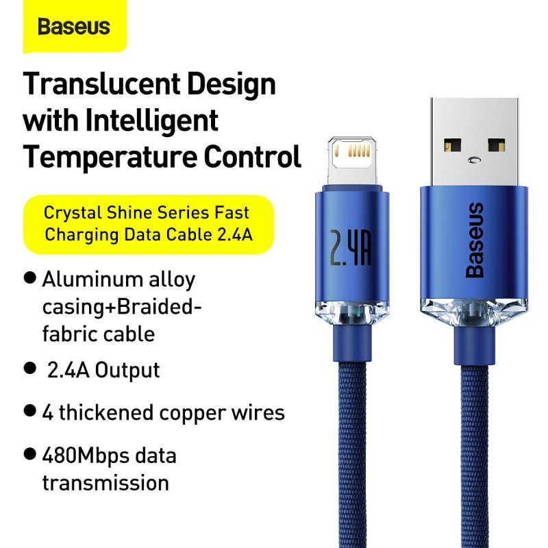 Baseus Lightning Crystal Shine Cable Series Fast Charging Data Cable 2.4A 2m Blue (CAJY000103)