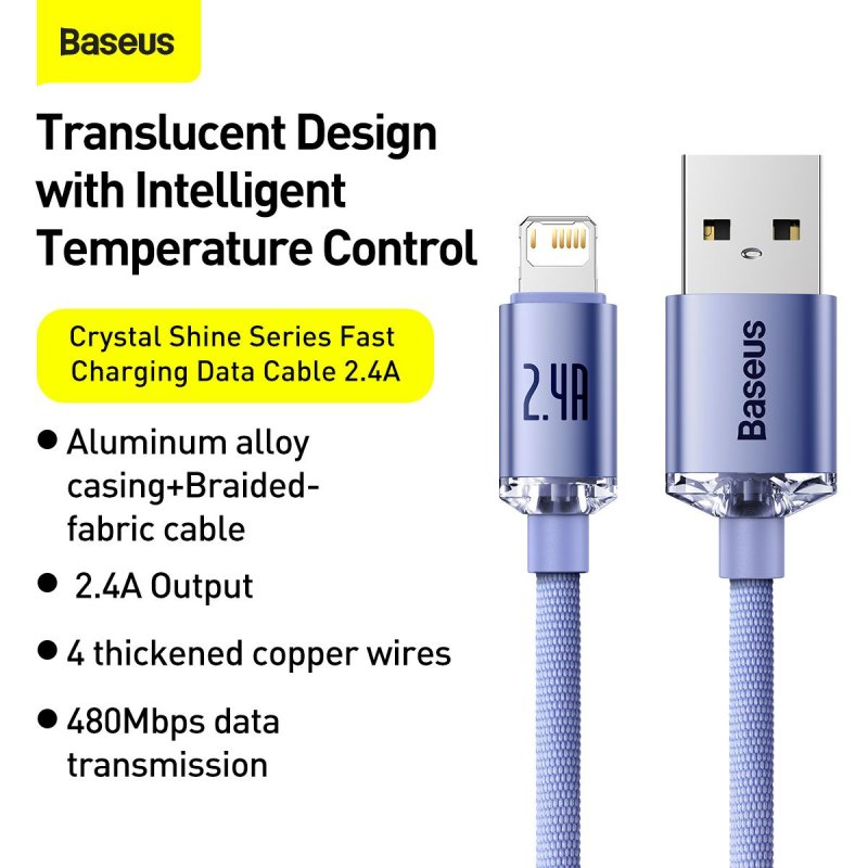 Baseus Lightning Crystal Shine Cable Series Fast Charging Data Cable 2.4A 2m Purple (CAJY000105)