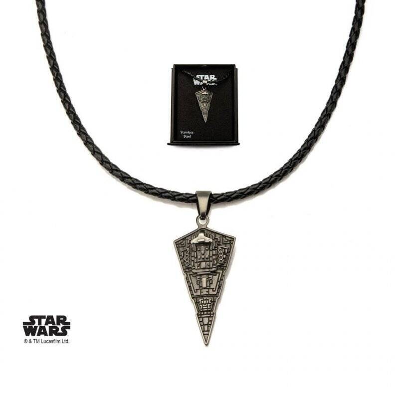 STAR WARS - Men's Stainless Steel Star Destroyer Pendant Black Leather