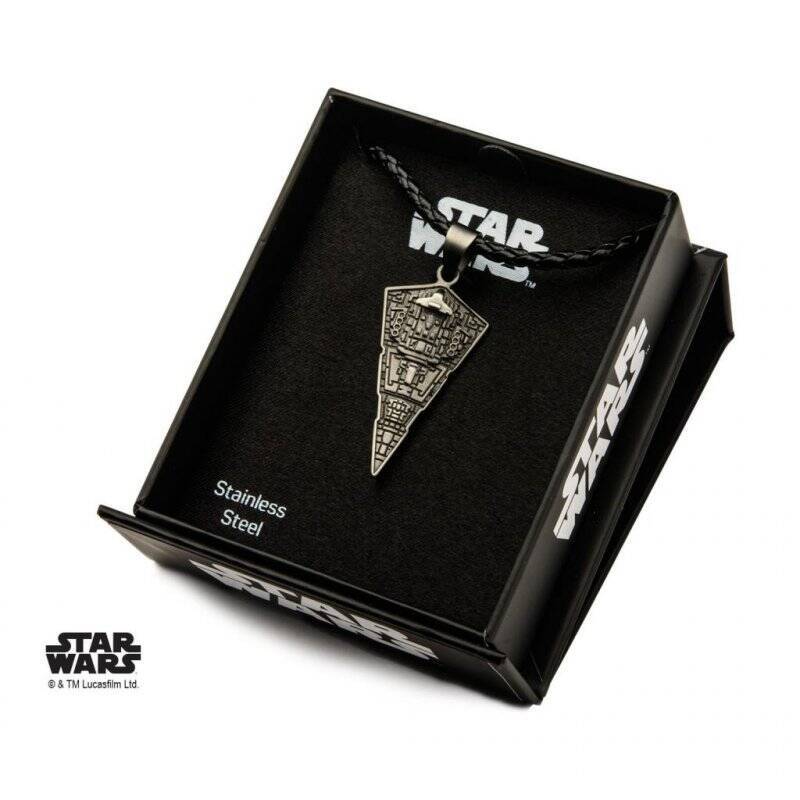 STAR WARS - Men's Stainless Steel Star Destroyer Pendant Black Leather