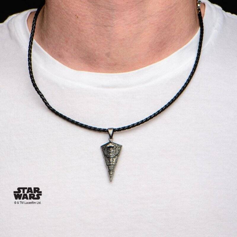 STAR WARS - Men's Stainless Steel Star Destroyer Pendant Black Leather