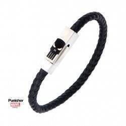 MARVEL - Steel Punisher Skull Logo with Black Leather Bracelet