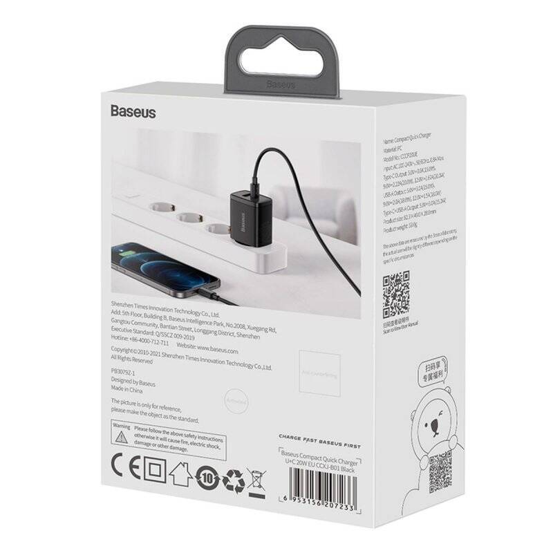 Baseus Travel Charger Compact Quick Charger U+C 20W EU Black (CCXJ-B01)