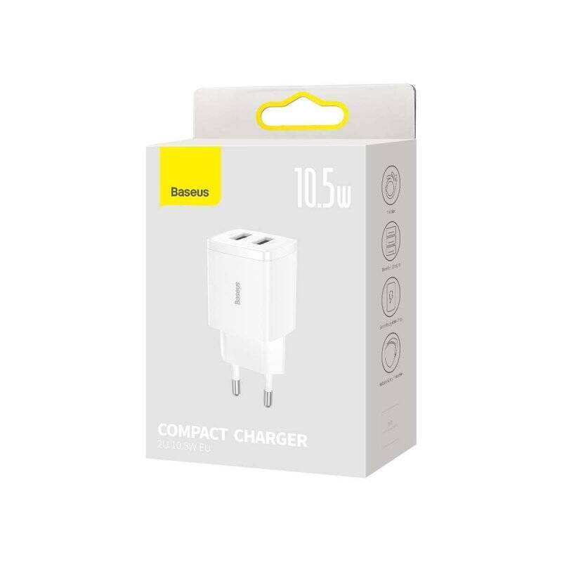 Baseus Travel Charger Compact wall Charger U+U, 10.5W EU White (CCXJ010202)