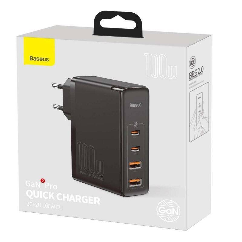 Baseus Travel Charger GaN2 Pro Quick wall charger C+C+U+U, PD 3.0, QC 4.0+, 100W Black (CCGAN2P-L01)