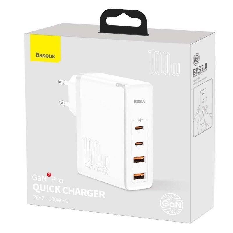 Baseus Travel Charger GaN2 Pro Quick wall charger C+C+U+U, PD 3.0, QC 4.0+, 100W White (CCGAN2P-L02)