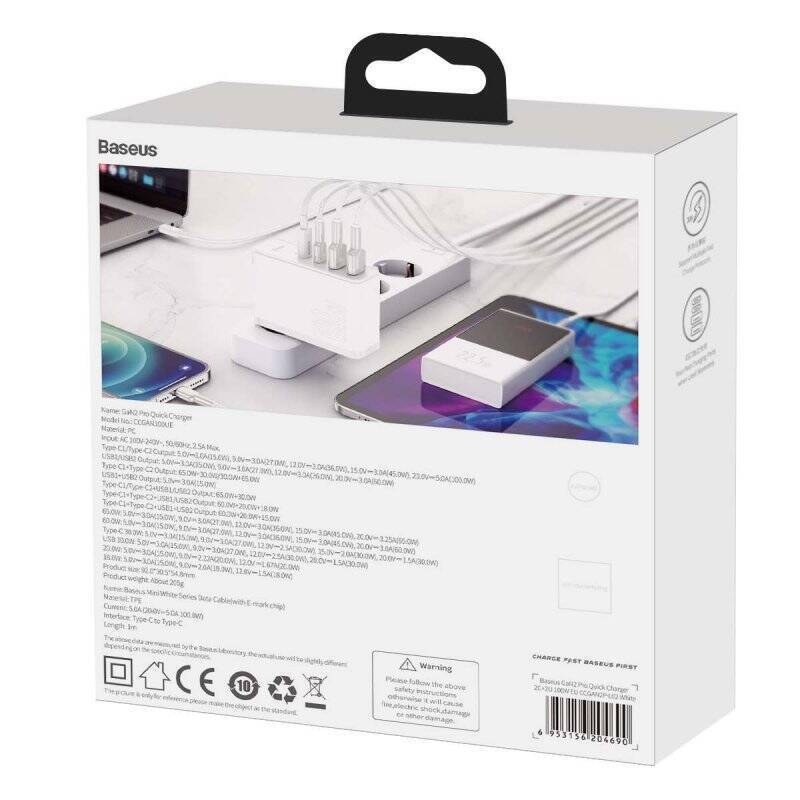 Baseus Travel Charger GaN2 Pro Quick wall charger C+C+U+U, PD 3.0, QC 4.0+, 100W White (CCGAN2P-L02)