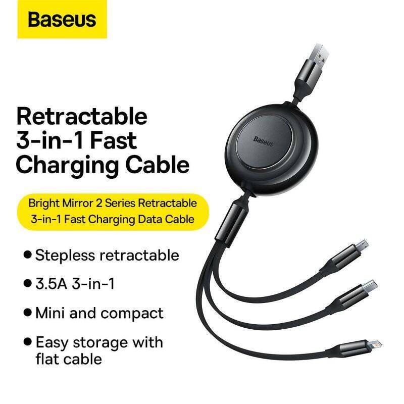 Baseus Universal 3-in-1 Bright Mirror 2 cable retractable, USB to Micro USB / Lightning / USB Type-C, 3.5A 1.1m Black (C
