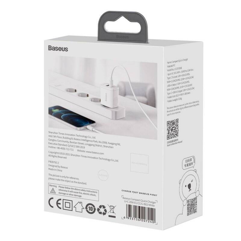 Baseus Travel Charger Compact Quick Charger U+C 20W EU White (CCXJ-B02)