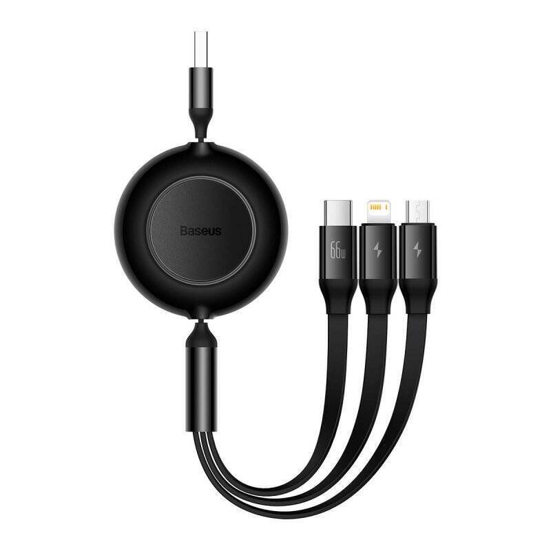 Baseus Universal 3-in-1 Bright Mirror 2 cable retractable, USB to Micro USB / Lightning / USB Type-C, 66W 1.1m Black (CA
