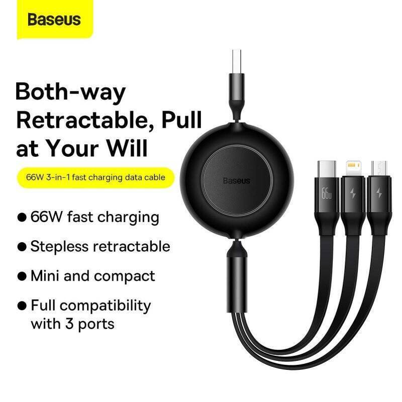 Baseus Universal 3-in-1 Bright Mirror 2 cable retractable, USB to Micro USB / Lightning / USB Type-C, 66W 1.1m Black (CA