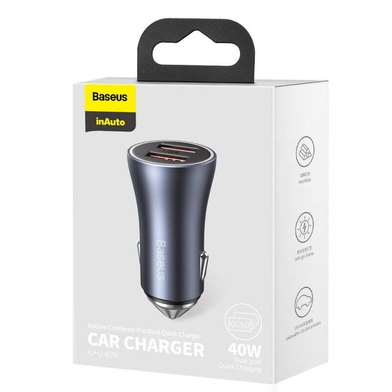 Baseus Car Charger Golden Contactor Pro Dual Quick Charger U+U Power Delivery 3.0 Quick Charge 4, SCP FCP AFC 40W Dark G