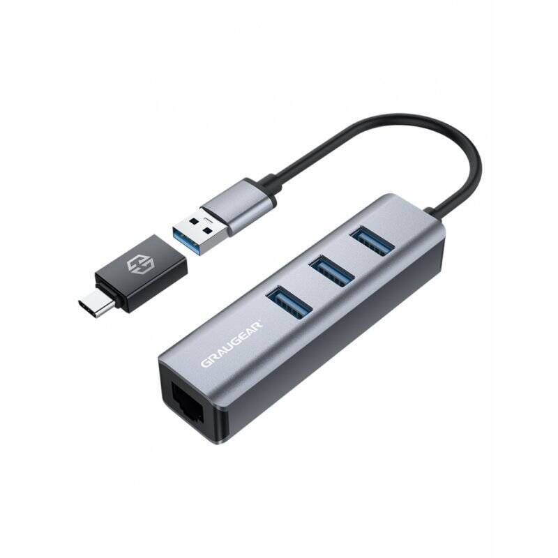 3x USB 3.0 Type-A HUB + Gbit LAN, incl. USB Type-C® adapter, aluminum case