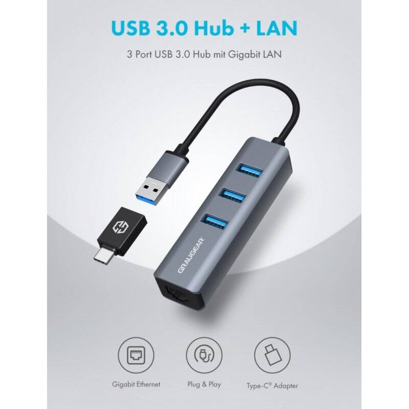 3x USB 3.0 Type-A HUB + Gbit LAN, incl. USB Type-C® adapter, aluminum case
