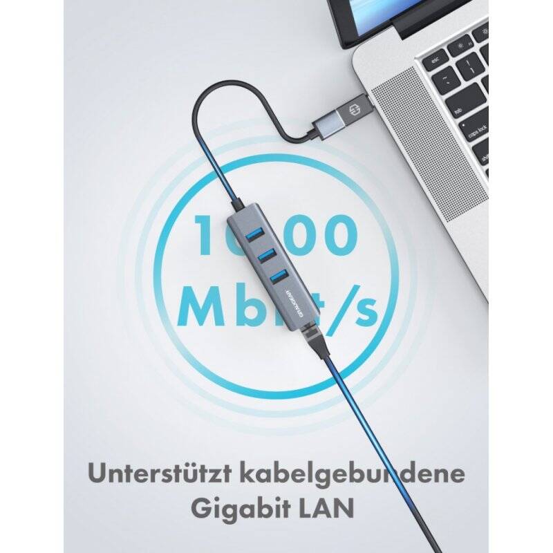 3x USB 3.0 Type-A HUB + Gbit LAN, incl. USB Type-C® adapter, aluminum case