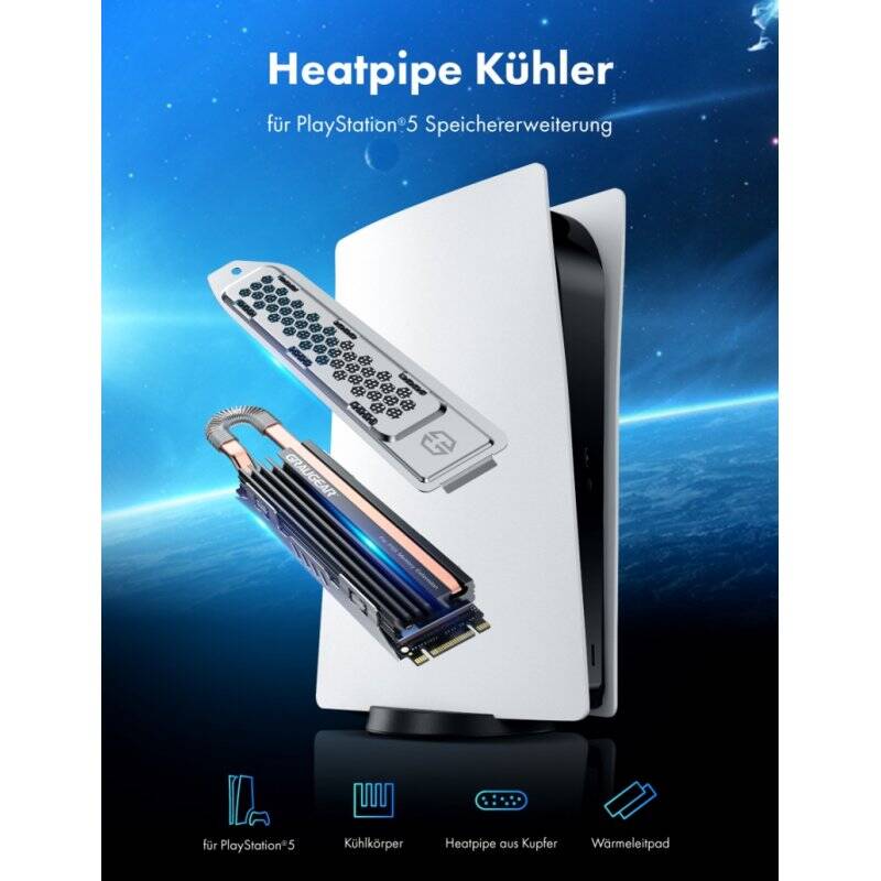 M.2 NVMe2280 SSD heatpipe cooler for PS5, cover with ventilation