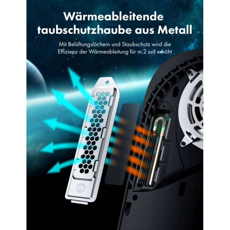 M.2 NVMe2280 SSD heatpipe cooler for PS5, cover with ventilation