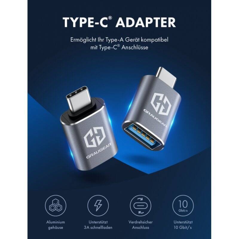 GRAUGEAR 2-piece USB adapter, 10Gbit/s Type A to Type-C® (M)