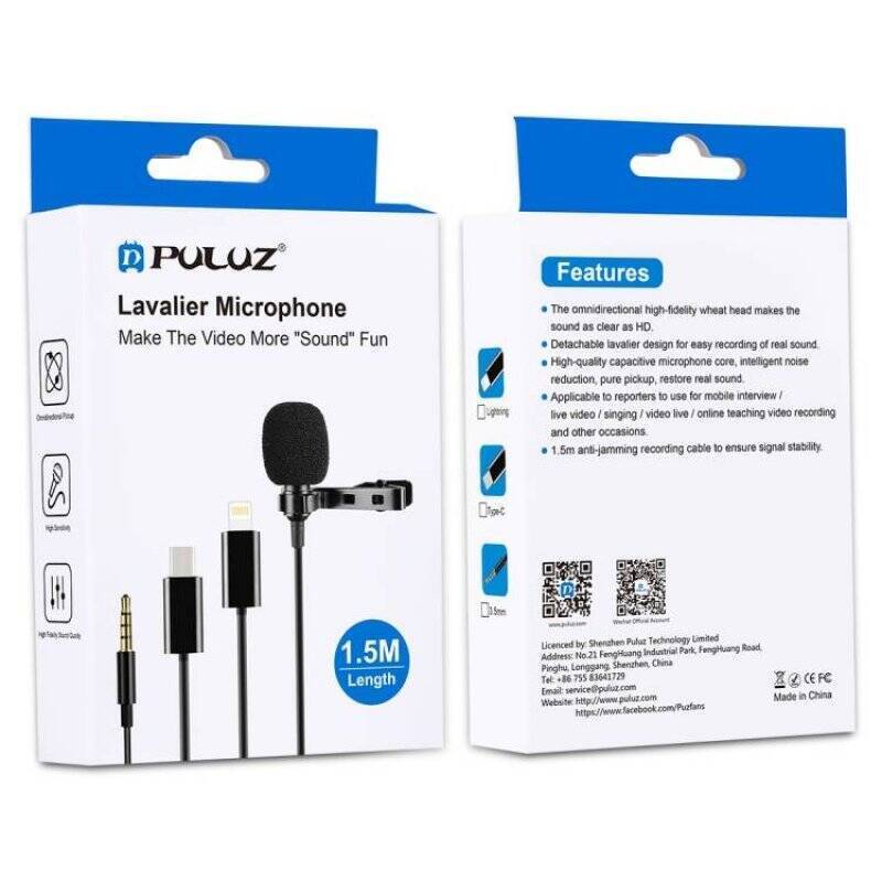 Puluz Jack Lavalier Wired Condenser Recording Microphone 1.5m jack 3.5mm PU424
