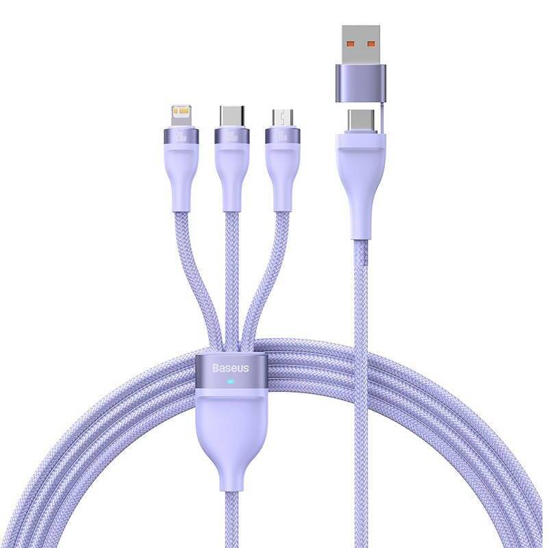 3in1 USB cable Baseus Flash Series 2, USB-C + micro USB + Lightning, 100W, 1.2m (purple)