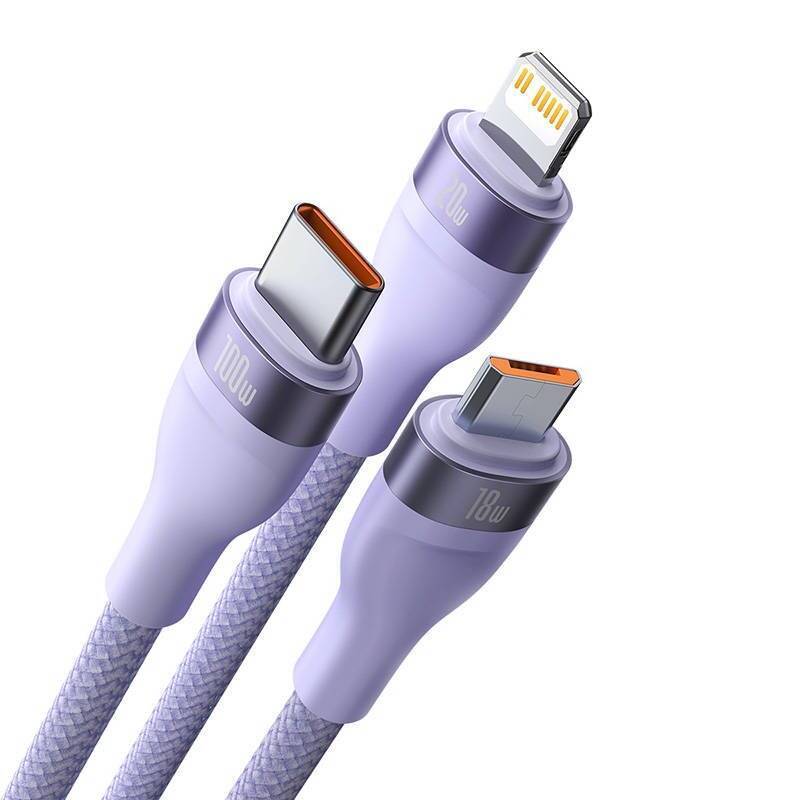 3in1 USB cable Baseus Flash Series 2, USB-C + micro USB + Lightning, 100W, 1.5m (purple)