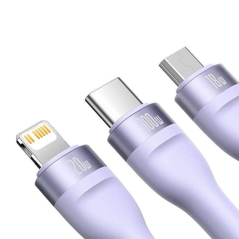 3in1 USB cable Baseus Flash Series 2, USB-C + micro USB + Lightning, 100W, 1.5m (purple)