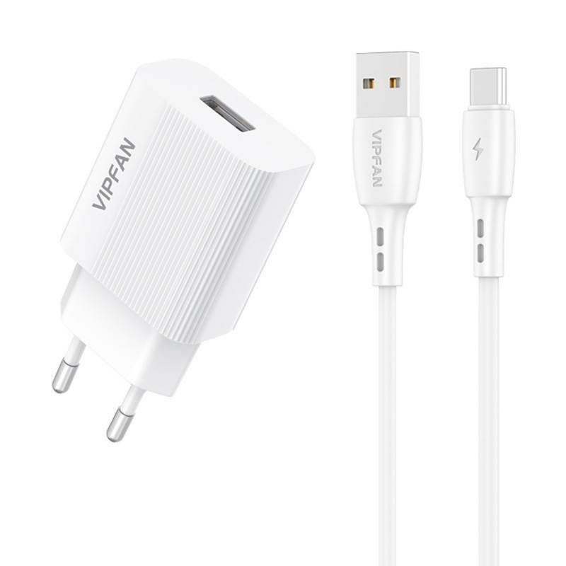 Vipfan E01 network charger, 1x USB, 2.4A + USB-C cable (white)