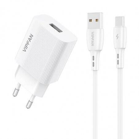 Vipfan E01 network charger, 1x USB, 2.4A + USB-C cable (white)