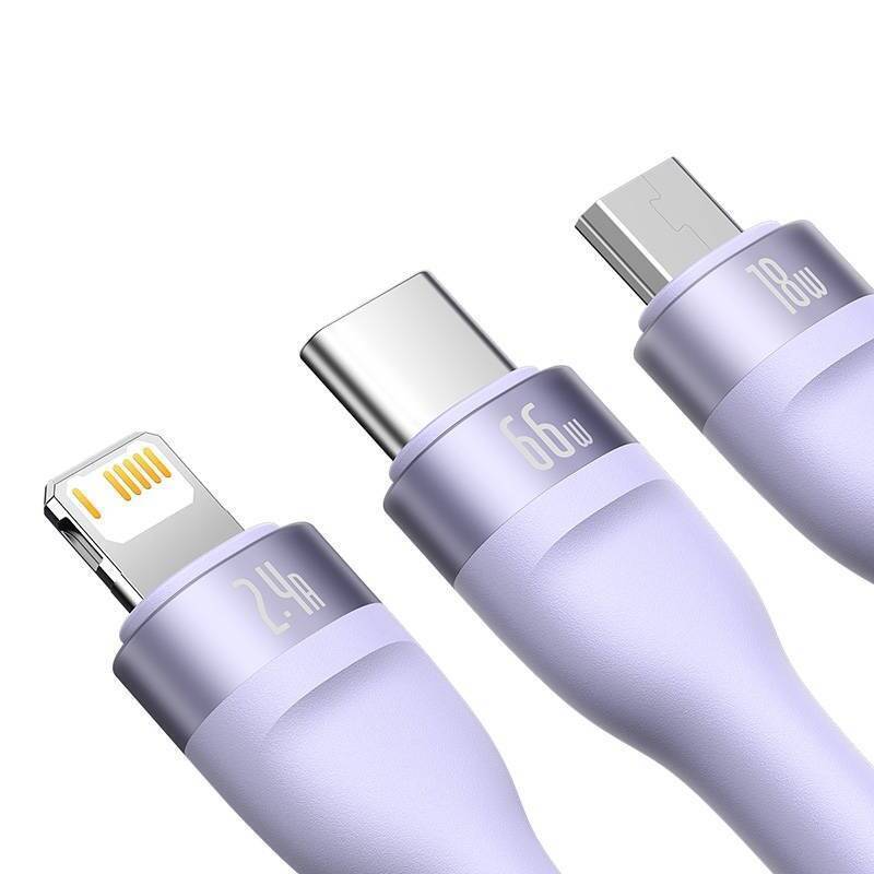 3in1 USB cable Baseus Flash II Series, USB-C + micro USB + Lightning, 66W, 1.2m (Purple)
