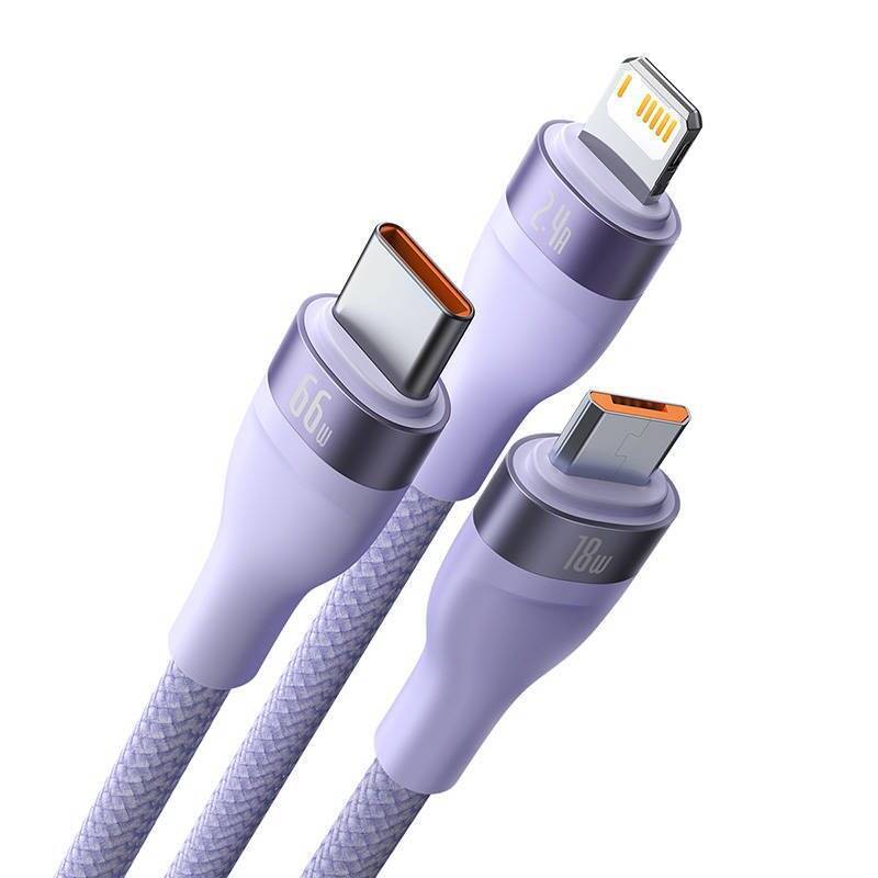 3in1 USB cable Baseus Flash II Series, USB-C + micro USB + Lightning, 66W, 1.2m (Purple)