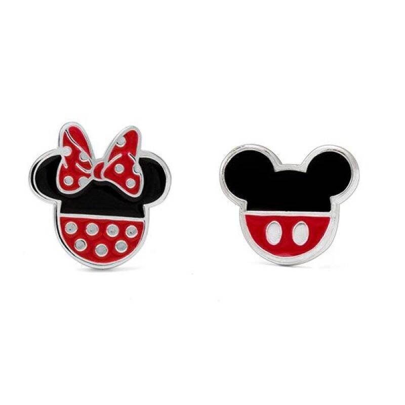 MINNIE + MICKEY - 1 Paire de Clous d'Oreilles - Laiton Argent Plaqué