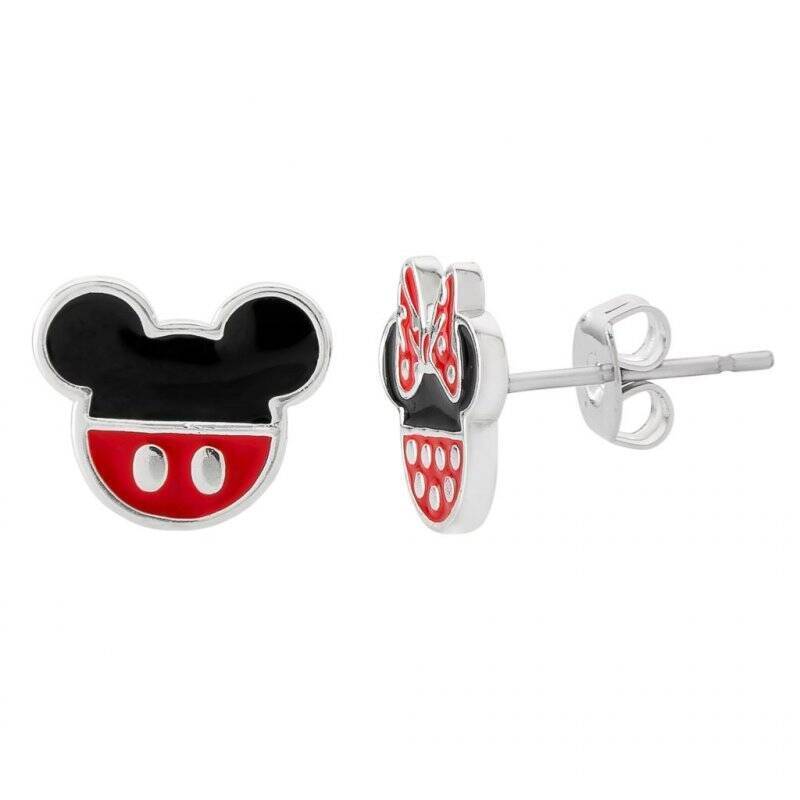 MINNIE + MICKEY - 1 Paire de Clous d'Oreilles - Laiton Argent Plaqué