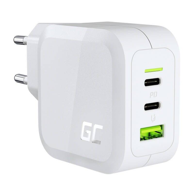 Power charger Green Cell GC PowerGaN 65W (2x USB-C Power Delivery, 1x USB-A compatible with Quick Charge 3.0) (white)