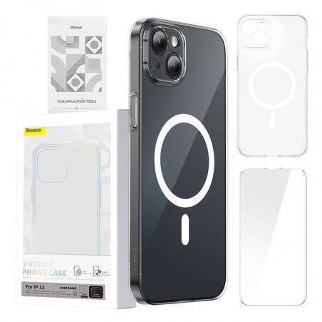 Phone case Baseus Magnetic Crystal Clear for iPhone 13 (transparent) with all-tempered-glass screen protector and cleani