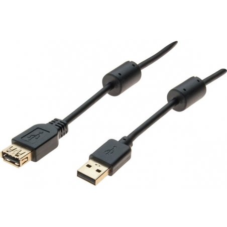 USB 2.0 A/A extension sord + ferrites + gold Black- 2 m
