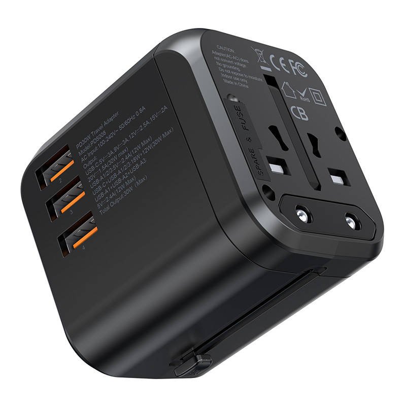 Travel wall charger Choetech PD5008, 3xUSB-A, 1xUSB-C, GaN, 30W (black)