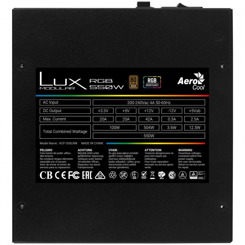 Alimentation ATX AeroCool compatible Lux RGB 550W