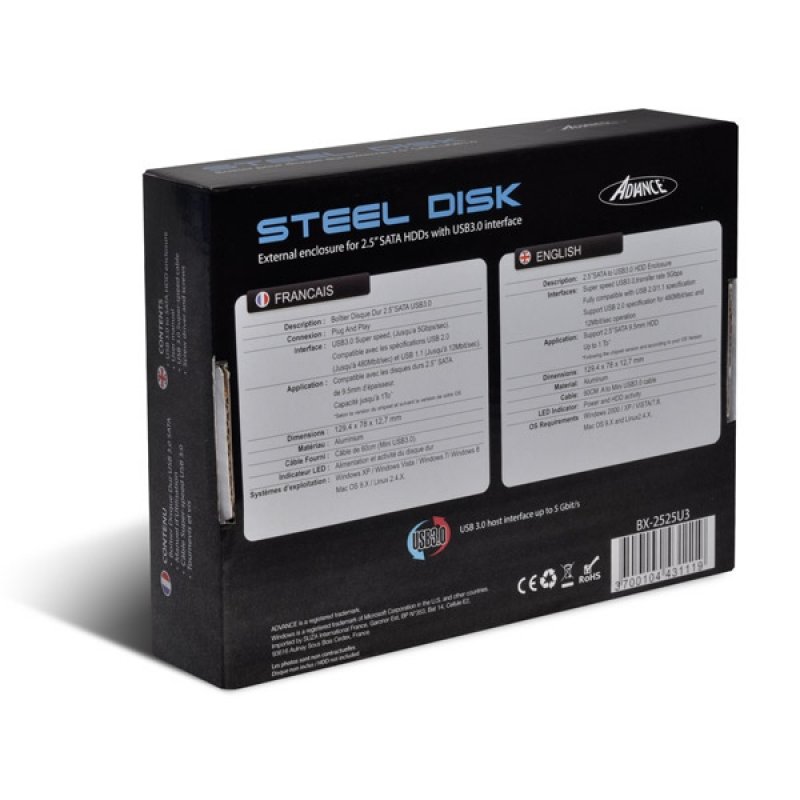 ADVANCE BX-2525U3 Boîtier de disques de stockage Boîtier HDD Noir 2.5"