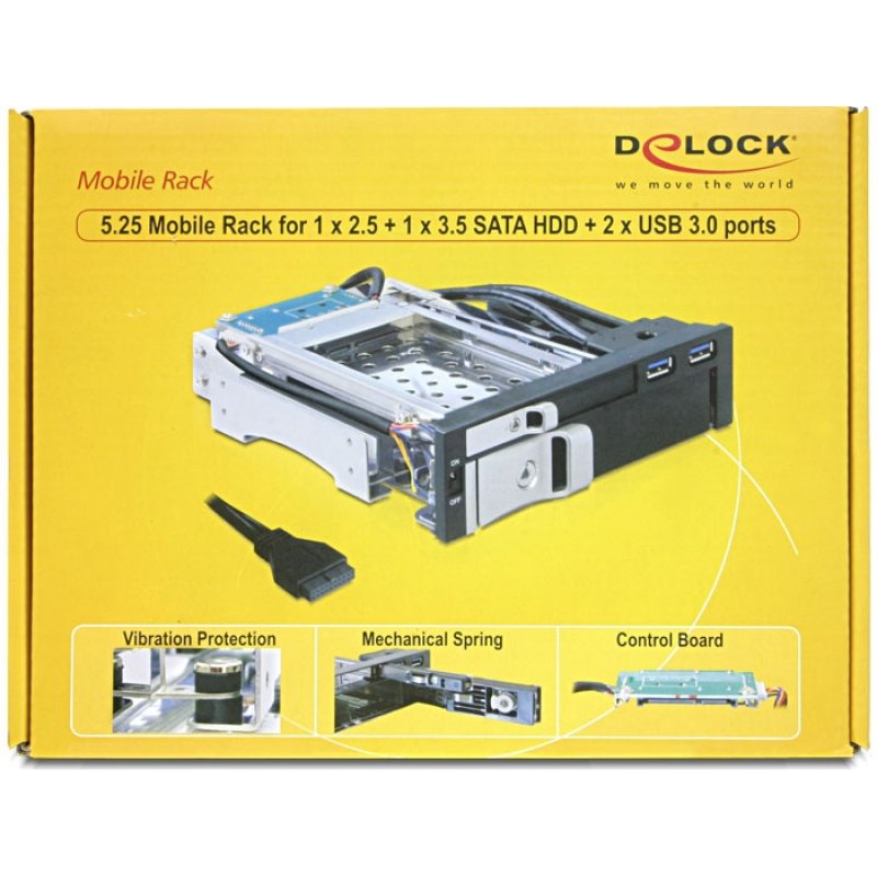 Rack amovible DeLock 5"1/4 pour 1x disque dur S-ATA 2"1/2, 1x 3"1/2 et 2x USB 3.0